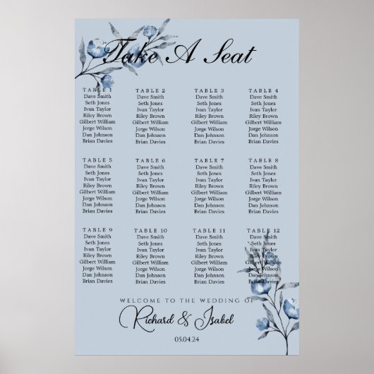 Blue Floris 24 Table Wedding Seating Chart Poster (Vorne)
