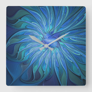 Blue Flower Fantasy Pattern, Abstract Fractal Art Quadratische Wanduhr
