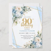 Blue Flower Gold Accent 90th Birthday Party Invite Einladung (Vorderseite)