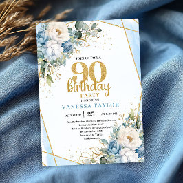 Blue Flower Gold Accent 90th Birthday Party Invite Einladung