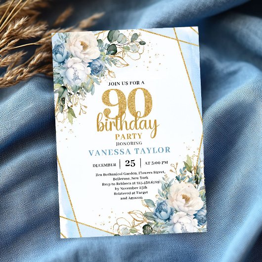 Blue Flower Gold Accent 90th Birthday Party Invite Einladung