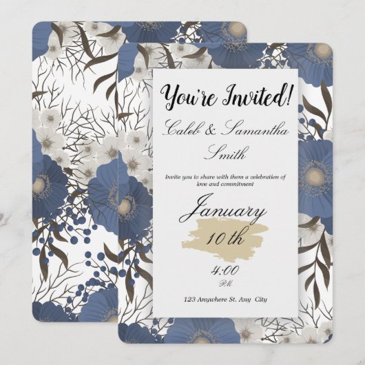 Blue Flower Wedding Invitation Einladung (Vorne/Hinten)