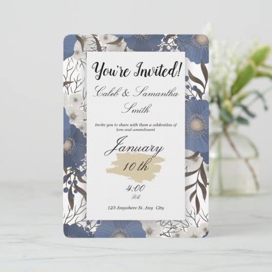 Blue Flower Wedding Invitation Einladung (Stehend Vorderseite)