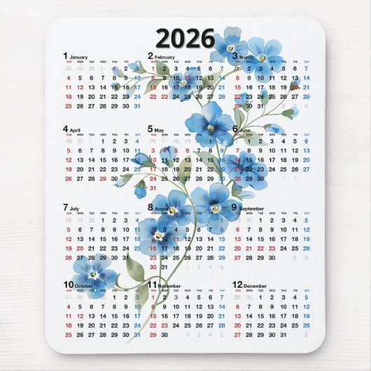 Blue Flowers 2026 Calendar On White Mousepad (Vorne)