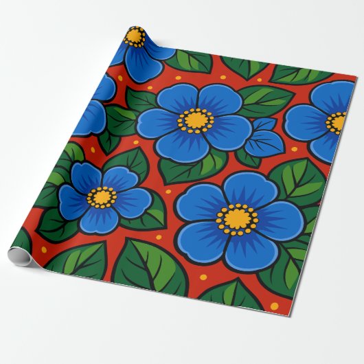 Blue Flowers and Green Leaves on a Red Background Geschenkpapier (Ungerollt)