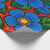 Blue Flowers and Green Leaves on a Red Background Geschenkpapier (Ecke)