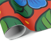 Blue Flowers and Green Leaves on a Red Background Geschenkpapier (Rolleneckpunkt)