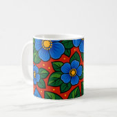 Blue Flowers and Green Leaves on a Red Background Kaffeetasse (Vorderseite Links)