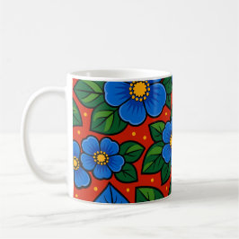Blue Flowers and Green Leaves on a Red Background Kaffeetasse