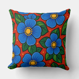 Blue Flowers and Green Leaves on a Red Background Kissen