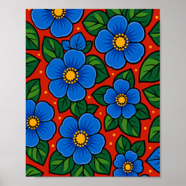 Blue Flowers and Green Leaves on a Red Background Poster
