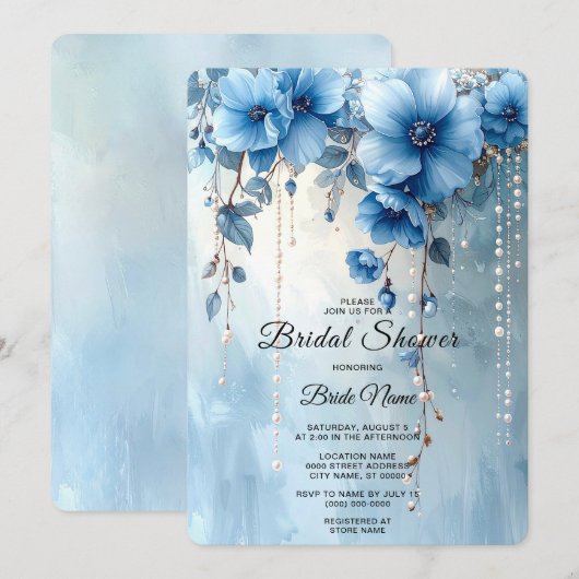 Blue Flowers and Pearls Bridal Shower Einladung (Vorne/Hinten)