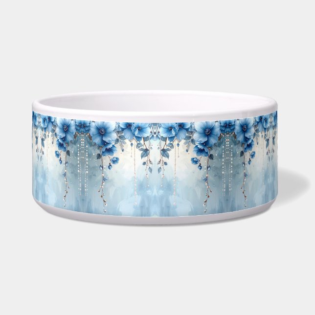 Blue Flowers and Pearls Ceramic Pet Bowl Napf (Vorderseite)