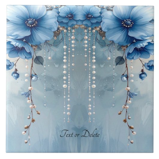Blue Flowers and Pearls Ceramic Tile Fliese (Vorderseite)