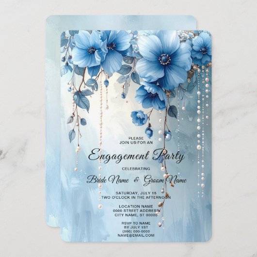 Blue Flowers and Pearls Engagement Invitation Einladung (Vorne/Hinten)