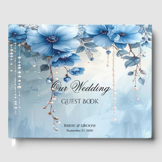 Blue Flowers and Pearls Guest Book Gästebuch (Vorderseite)