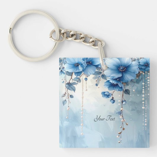 Blue Flowers and Pearls Keychain Schlüsselanhänger (Vorderseite)