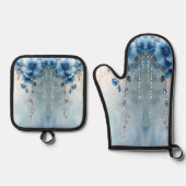 Blue Flowers and Pearls Ofenhandschuh & Topflappen-Set (Vorderseite)