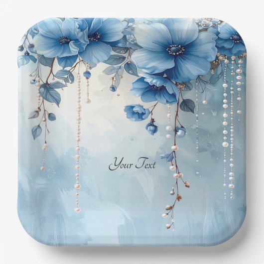 Blue Flowers and Pearls Paper Plate Pappteller (Vorderseite)