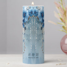 Blue Flowers and Pearls Pillar Candle