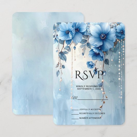 Blue Flowers and Pearls RSVP Card (Vorne/Hinten)