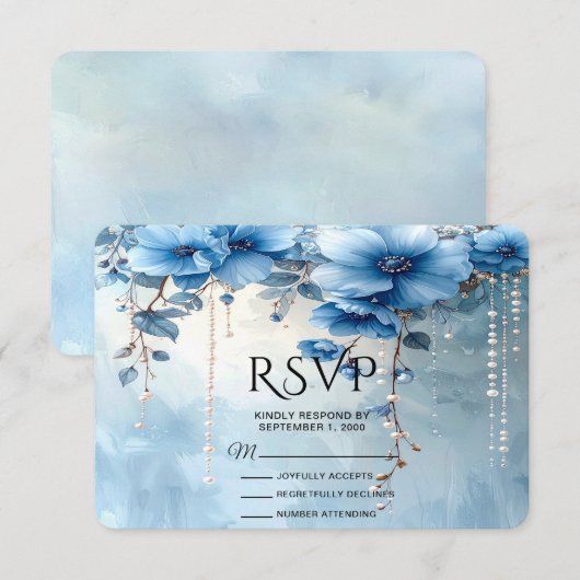 Blue Flowers and Pearls RSVP Card (Vorne/Hinten)