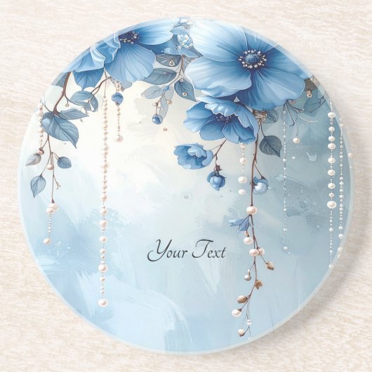 Blue Flowers and Pearls Sandstone Coaster Getränkeuntersetzer (Vorne)