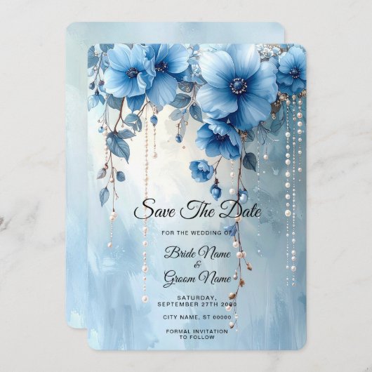Blue Flowers and Pearls Save the Date (Vorne/Hinten)