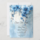 Blue Flowers and Pearls Save the Date (Vorderseite)