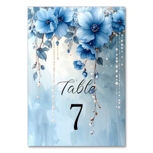 Blue Flowers and Pearls Table Number Tischnummer (Vorderseite)