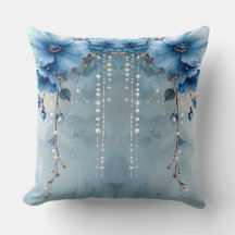 Blue Flowers and Pearls Throw Pillow