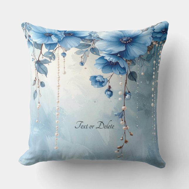 Blue Flowers and Pearls Throw Pillow Kissen (Vorderseite)