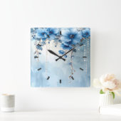 Blue Flowers and Pearls Wall Clock Quadratische Wanduhr (Zuhause)