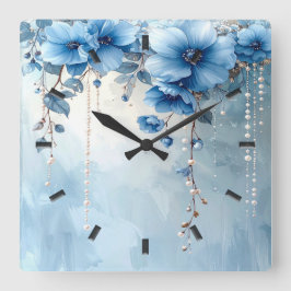 Blue Flowers and Pearls Wall Clock Quadratische Wanduhr
