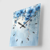 Blue Flowers and Pearls Wall Clock Quadratische Wanduhr (Winkel)