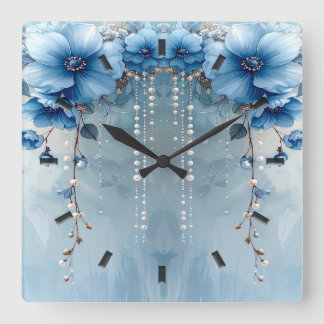 Blue Flowers and Pearls Wall Clock Quadratische Wanduhr