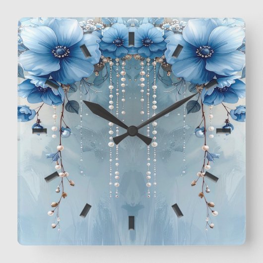 Blue Flowers and Pearls Wall Clock Quadratische Wanduhr (Vorderseite)