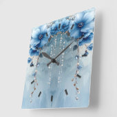 Blue Flowers and Pearls Wall Clock Quadratische Wanduhr (Winkel)