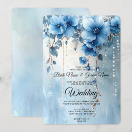 Blue Flowers and Pearls Wedding Invitation Einladung