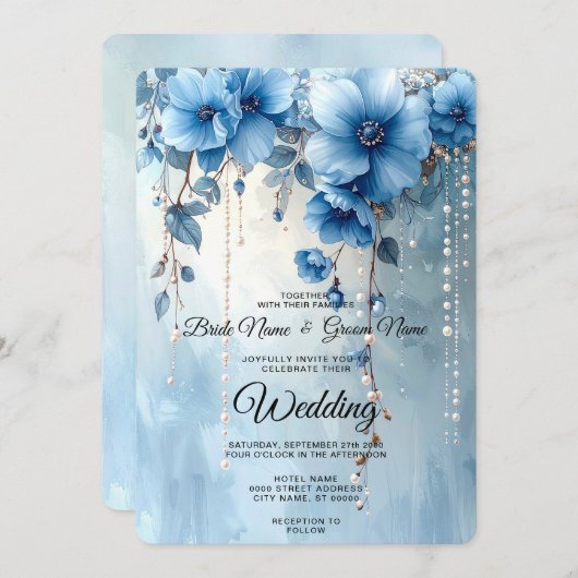 Blue Flowers and Pearls Wedding Invitation Einladung (Vorne/Hinten)