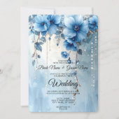 Blue Flowers and Pearls Wedding Invitation Einladung (Vorderseite)