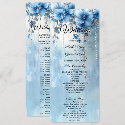 Blue Flowers and Pearls Wedding Program Programm (Vorne/Hinten)