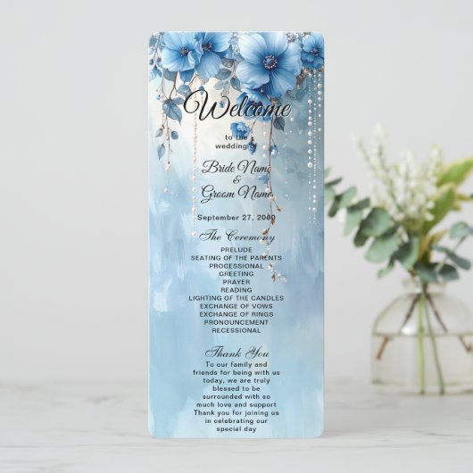 Blue Flowers and Pearls Wedding Program Programm (Stehend Vorderseite)