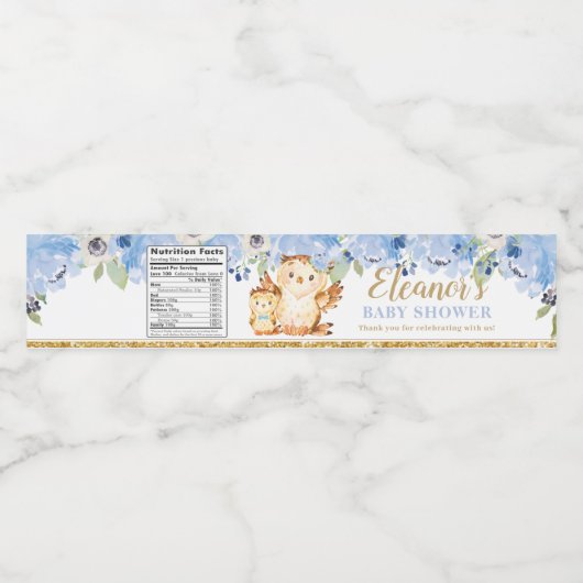 Blue Flowers Baby and Mommy Owl Baby Shower Gefall Wasserflaschenetikett (Einzelnes Label)
