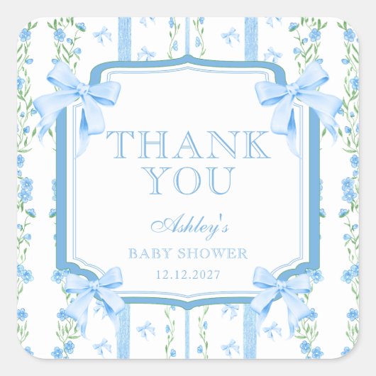 Blue Flowers & Bow Boy Baby Dusche Vielen Dank Quadratischer Aufkleber (Vorderseite)