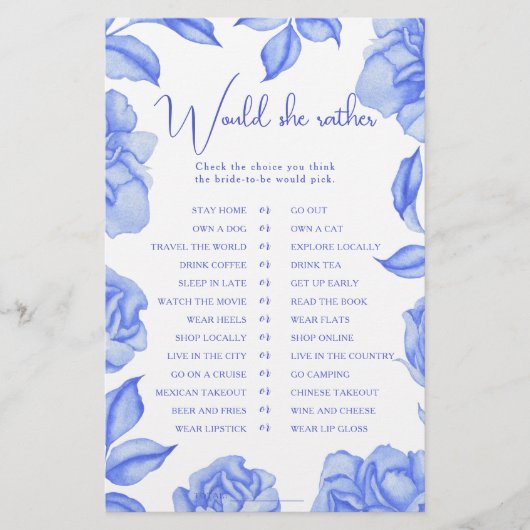 Blue Flowers Bridal shower Would she rather (Vorderseite)