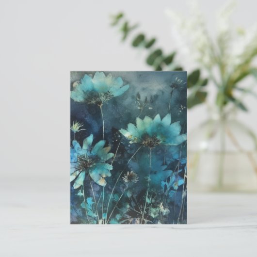 Blue Flowers Cyanotype Mixed Media Postkarte (Stehend Vorderseite)