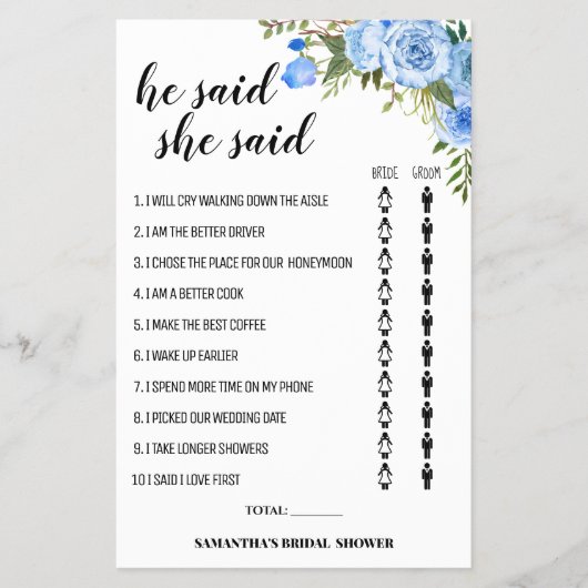 Blue Flowers Er sagte, sie sagte Dusche Spielkarte Flyer (Vorne)