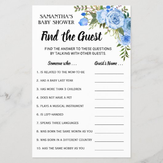 Blue Flowers Finden Sie die Guest Baby Shower Game Flyer (Vorne)