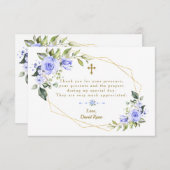 Blue Flowers Gold Frame Cross Boy Taufe Dankeskarte (Vorne/Hinten)